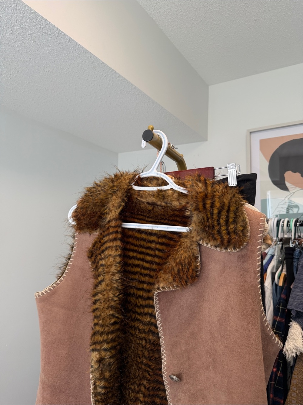 A—Brown Faux Shearling Vest with Fur-Trim Collar